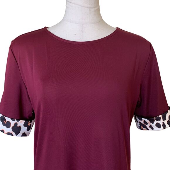 Women’s Burgundy Leopard Trim A-line Midi Dress Size M - Picture 2 of 8